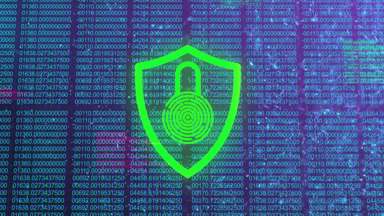 animación del procesamiento de datos digitales a través de un candado y un escudo biométricos