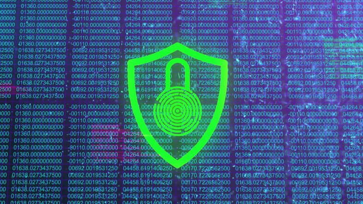 Animation of digital data processing over biometric padlock and shield