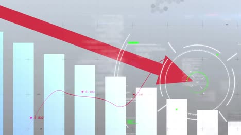 animation of line with financial data processing with red arrow descending and scope scanning