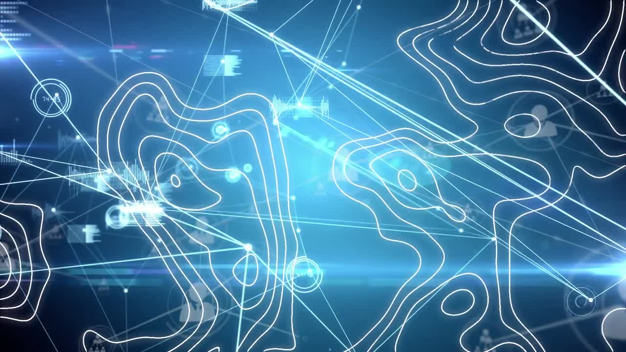 Animation of data processing, networks of connections and white lines over black background