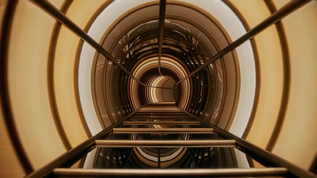 Moving camera approaching centered metal ladder and ringed tunnel, revealing warping reflections