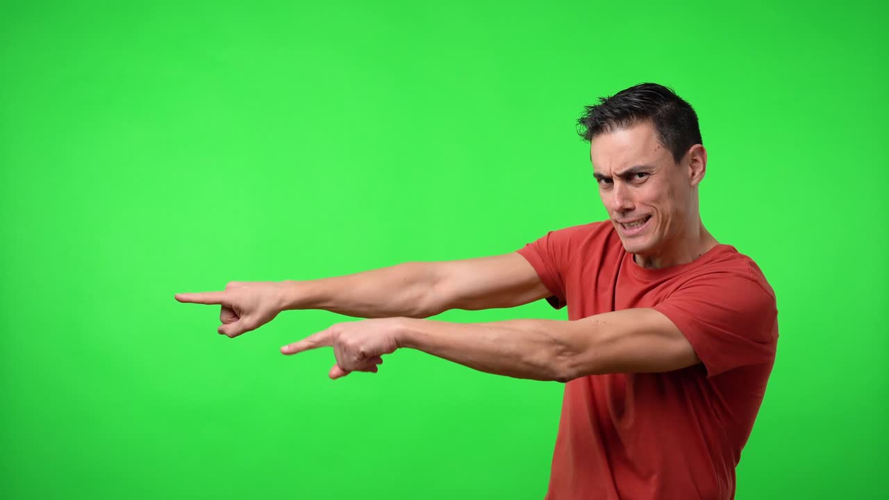 Man pointing aside, announcing something. Medium shot.