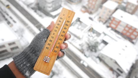 handheld thermometer reading in snowy cityscape