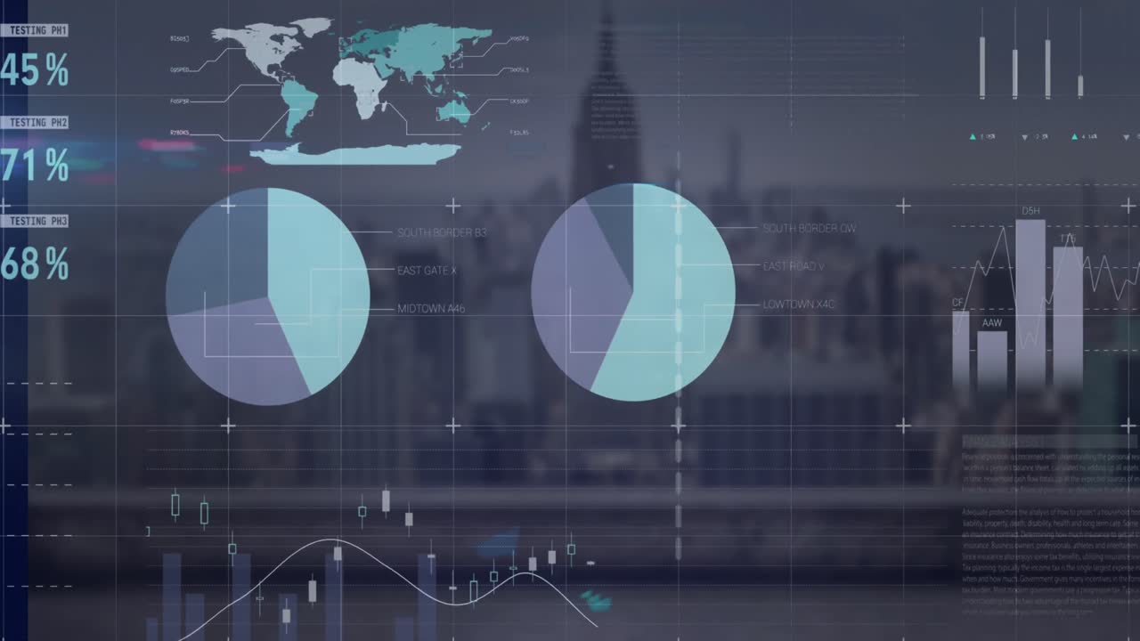 animación del procesamiento de datos estadísticos frente a una vista aérea del paisaje urbano