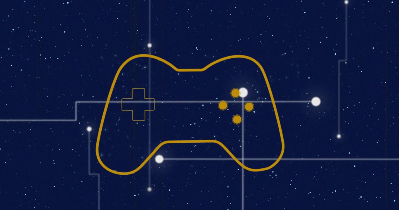 Animation of yellow video game controller with futuristic line design