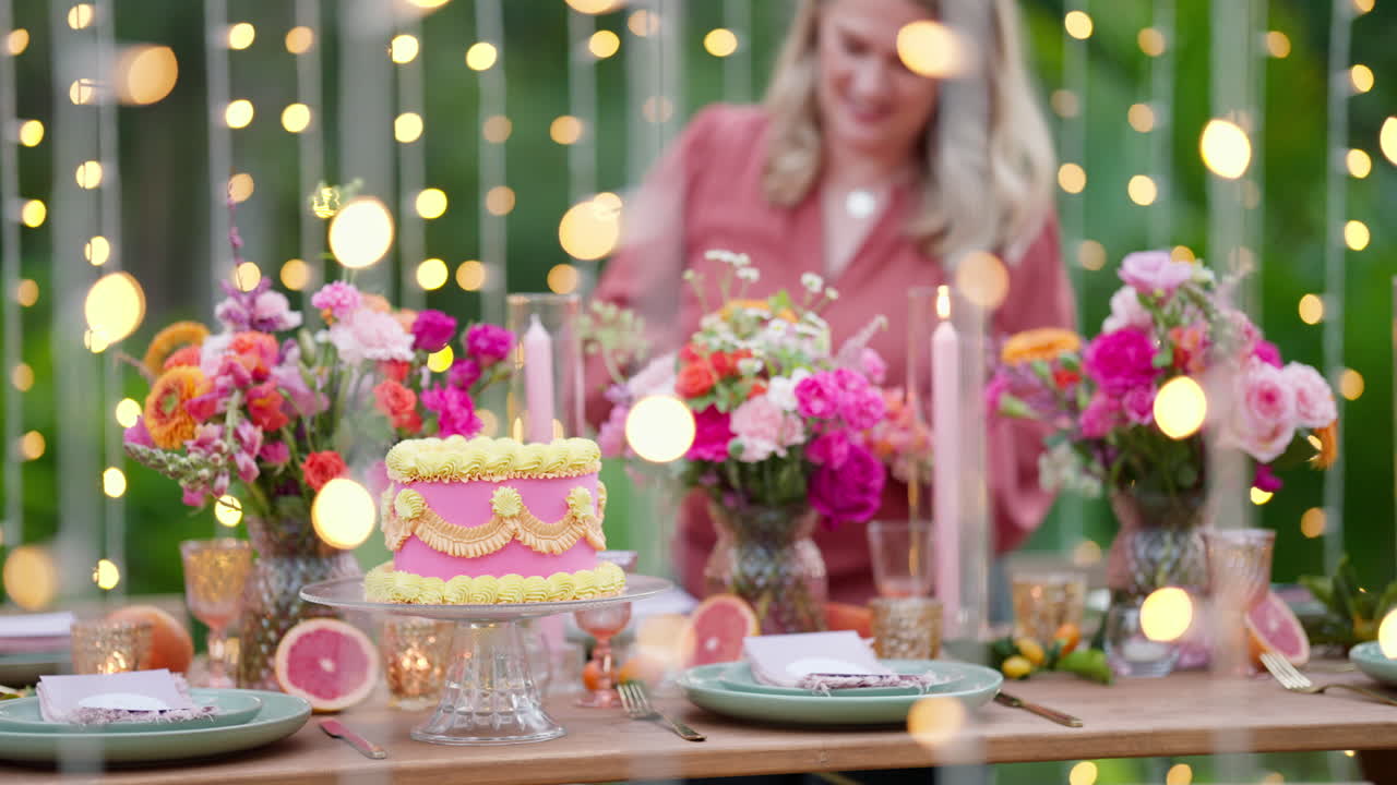 Fairy Light Foreground With Beautiful Styled Wedding Party Table Setting In Outdoor Garden With Pink Cake And Florals, 4K Slow Motion