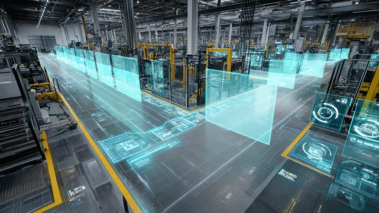 A Modern Industrial Warehouse with Advanced Digital Overlay, Showcasing a High-Tech Environment of Automation and Robotics in Manufacturing, Highlighting the Future of Smart Production Facilities