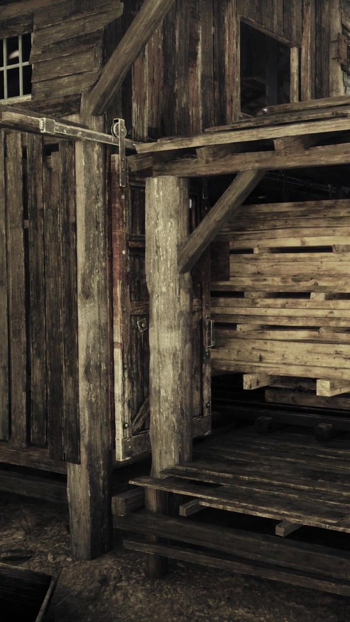Vecchio edificio in legno con una porta e assi impilate in un ambiente esterno.