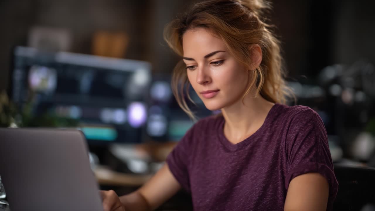 Donna concentrata che lavora al laptop in uno spazio di lavoro moderno, impegnata in un compito creativo, con illuminazione soffusa ed elementi di sfondo contemporanei che migliorano la produttività