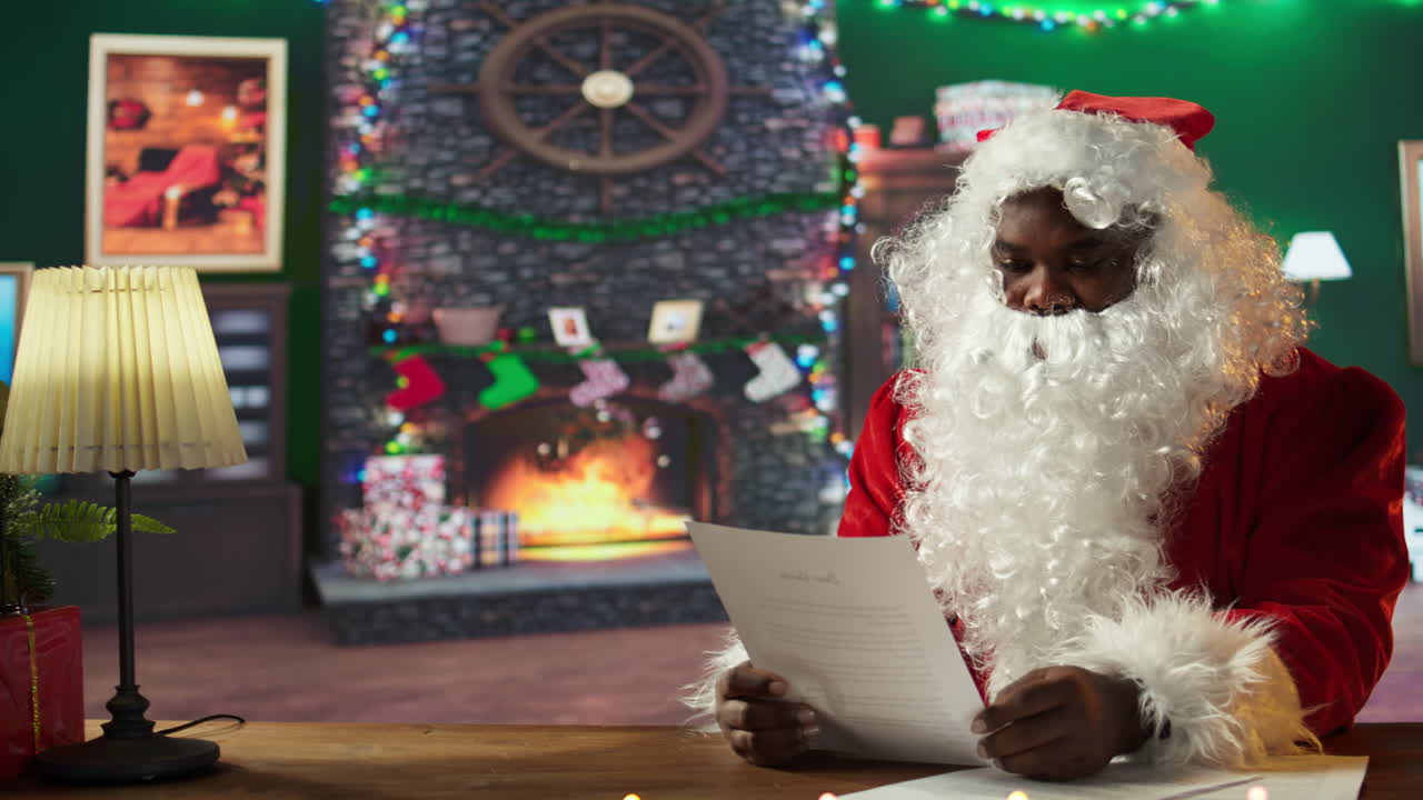 Santa Claus Reading Letters by the Fireplace