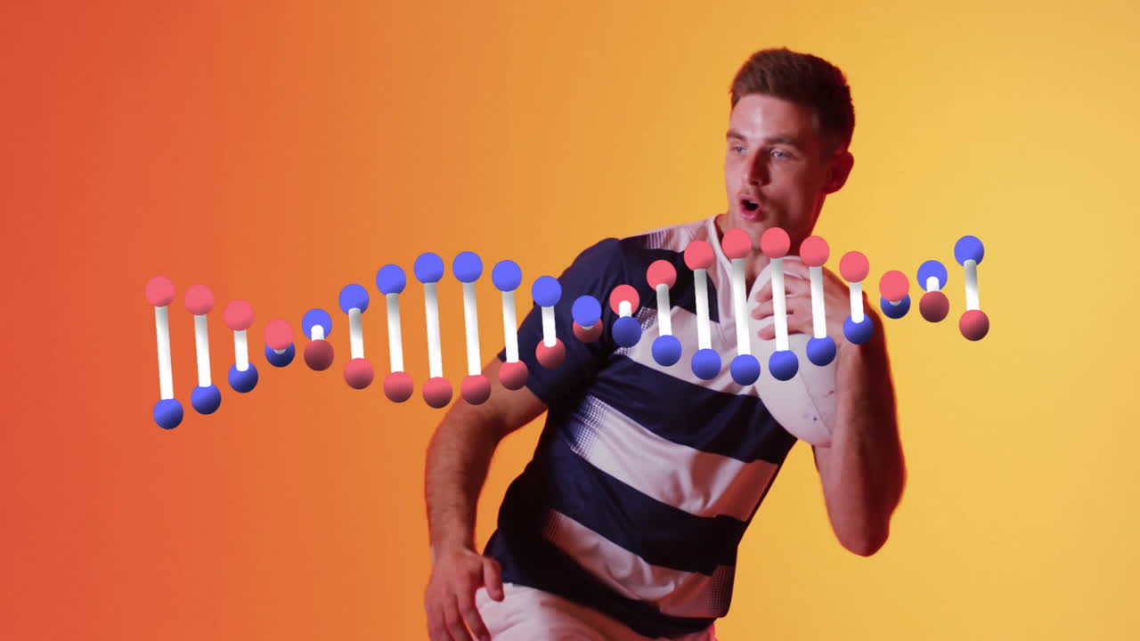 Man in striped shirt posing with DNA strand animation over orange background