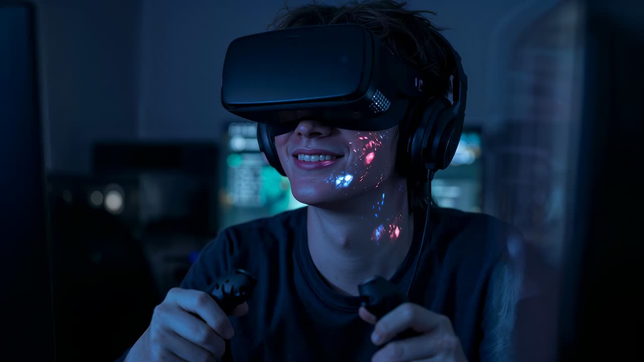 Smilende teenager i mørk t-shirt reagerer på spillets lancering og justerer controllere ved pc med VR-headset