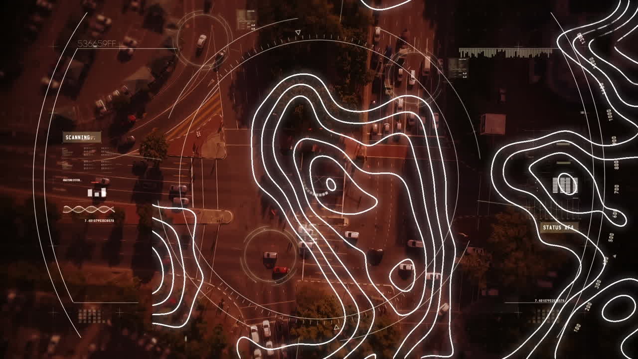 Animation of scope scanning and white lines moving over cityscape