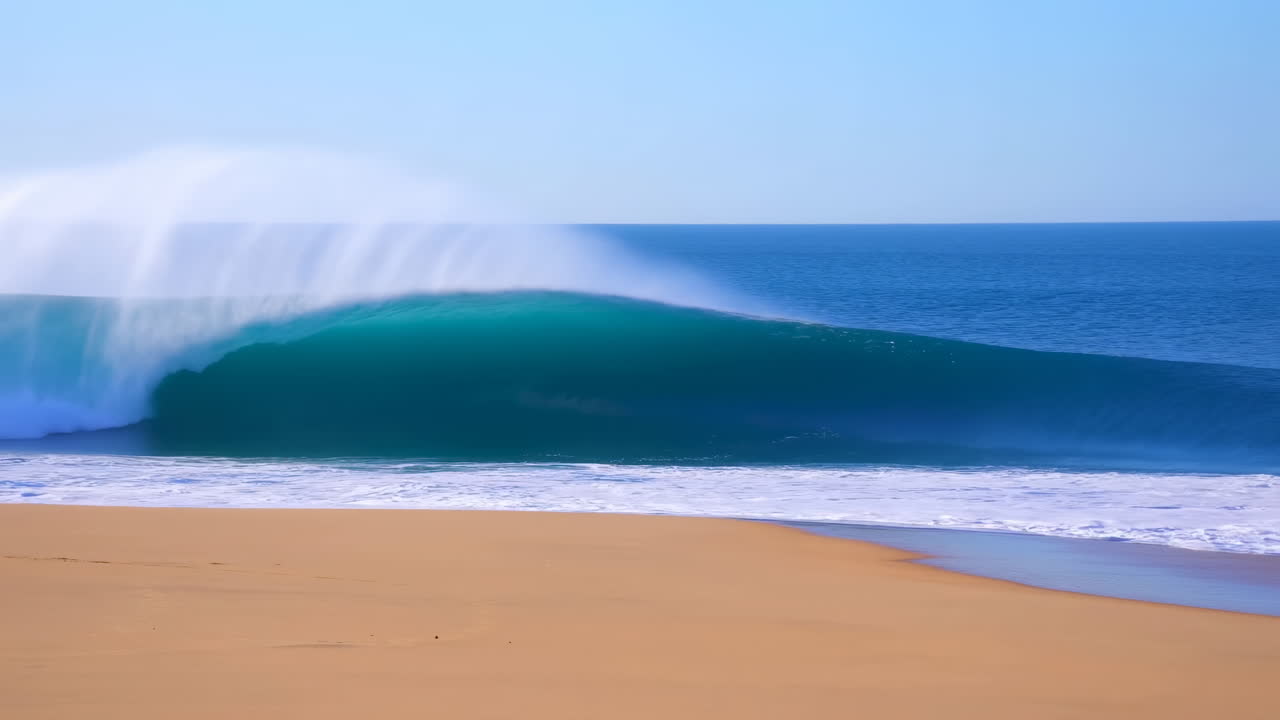 Powerful Ocean Wave Breaking on a Golden Sandy Beach
