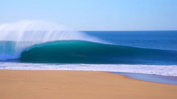 Powerful Ocean Wave Breaking on a Golden Sandy Beach