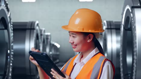 vista lateral de cerca de una ingeniera asiática con casco de seguridad tomando nota en la tableta y mirando a su alrededor mientras está de pie en una fábrica de metal