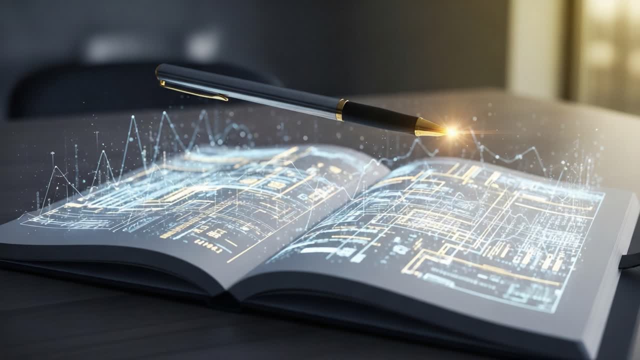 An Innovative Digital Interface: Exploring Data Analysis and Charting Through an Open Book with a Glowing Pen on a Modern Workspace Background