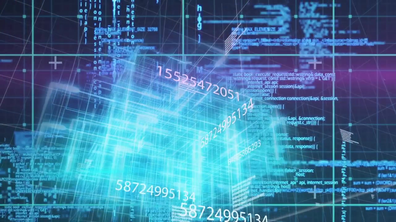 Cyan cube rotating, drifting on grid, numbers changing causing pulsing, pink band sweeping for tech