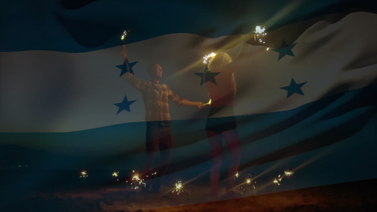 Celebrating with sparklers, people holding Honduras flag, creating festive animation