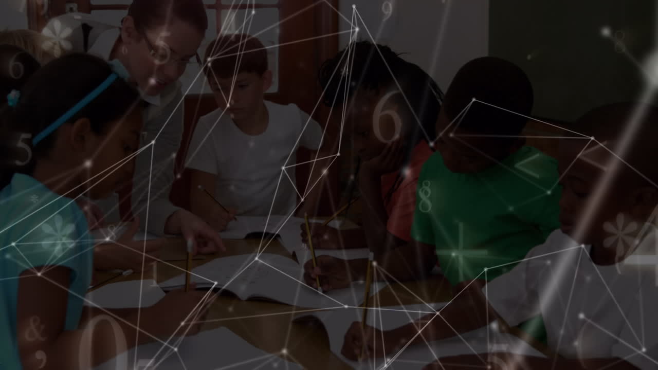 Animation of networks of connections and numbers over diverse schoolchildren and teacher
