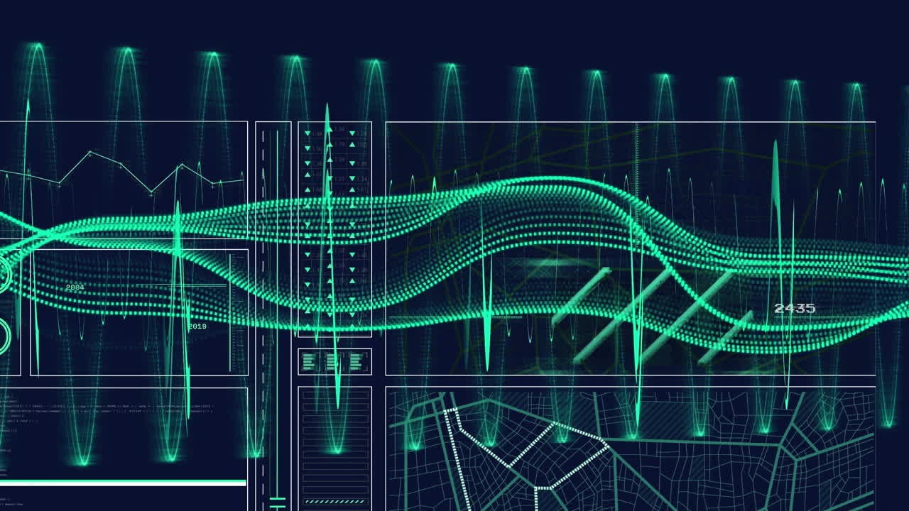 그래프와 내비게이션 패턴 위에 동적 파동 패턴을 형성하는 점들을 둘러싼 원의 애니메이션
