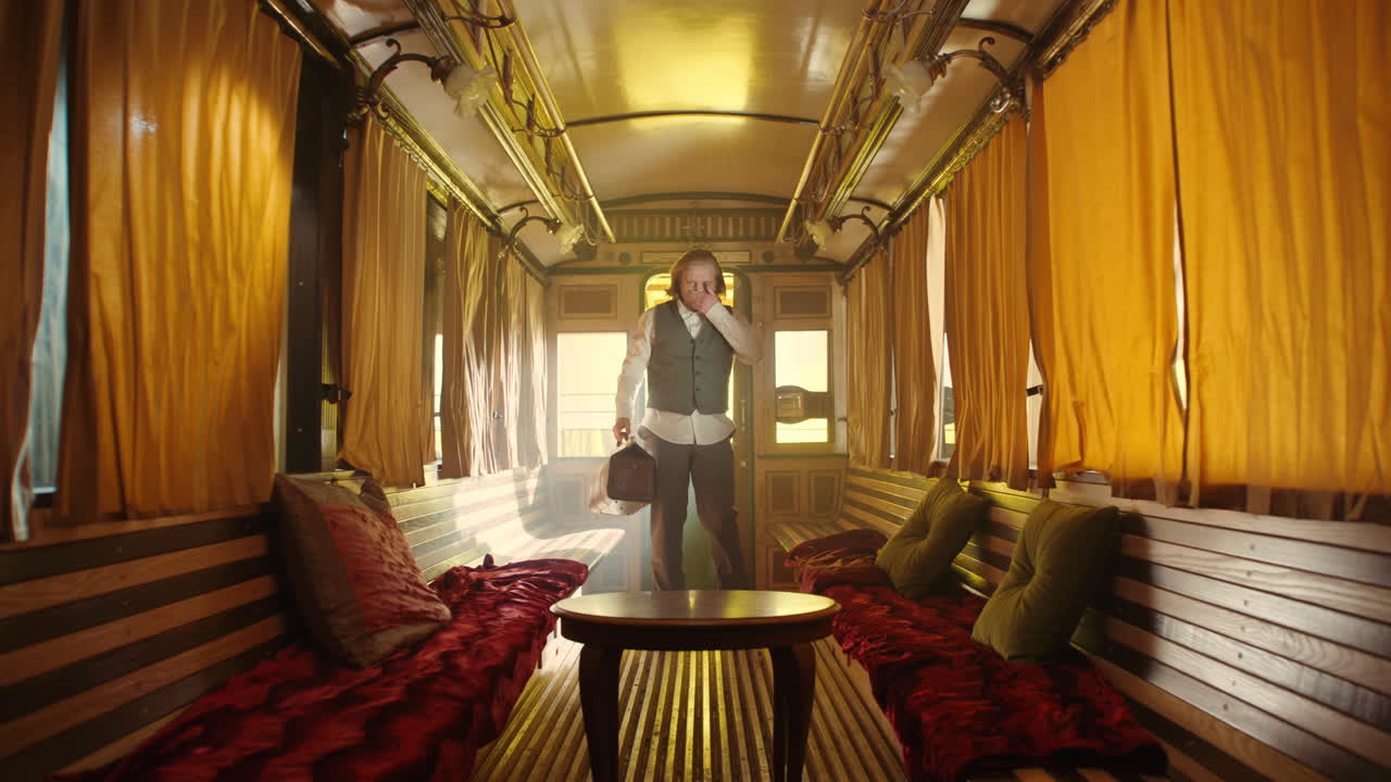Man with a Bag in a Vintage Train Carriage
