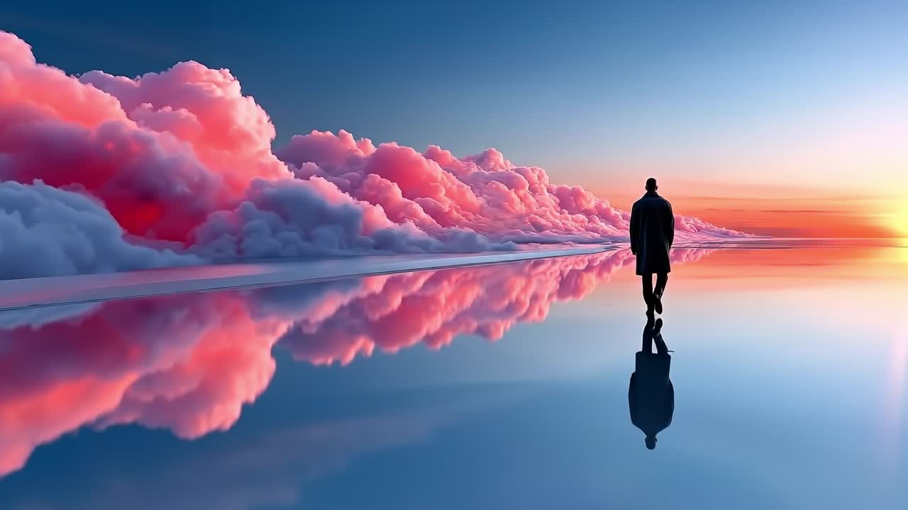 A man standing in the middle of a body of water looking at the sky