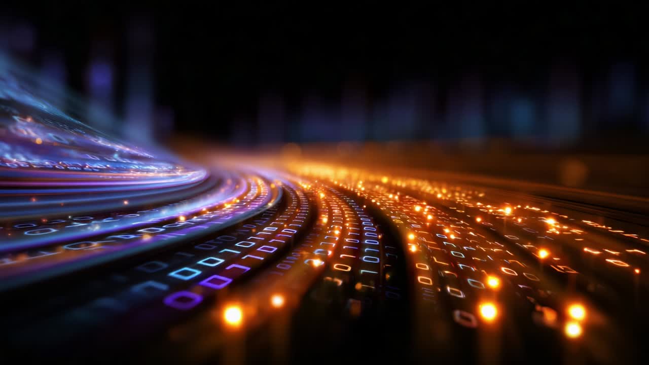A Dynamic Representation of Data Flow: Glowing Binary Numbers and Illuminated Pathways Create a Visualization of Digital Streams in a Futuristic Setting