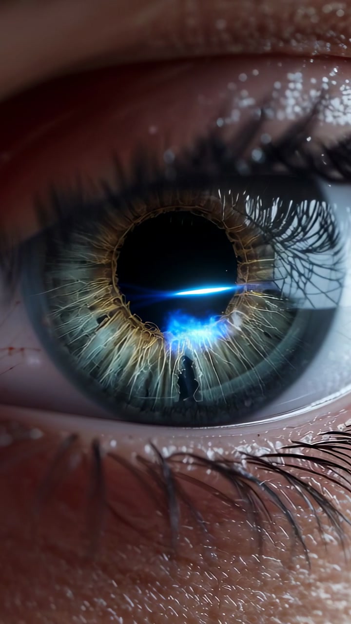 Vertical video: Blue beam appearing, eye showing cross flare over iris and glowing specks in macro