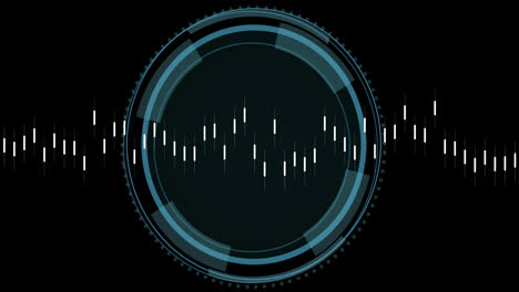 Animation-of-data-processing-and-security-shield-icon-over-spinning-round-scanner