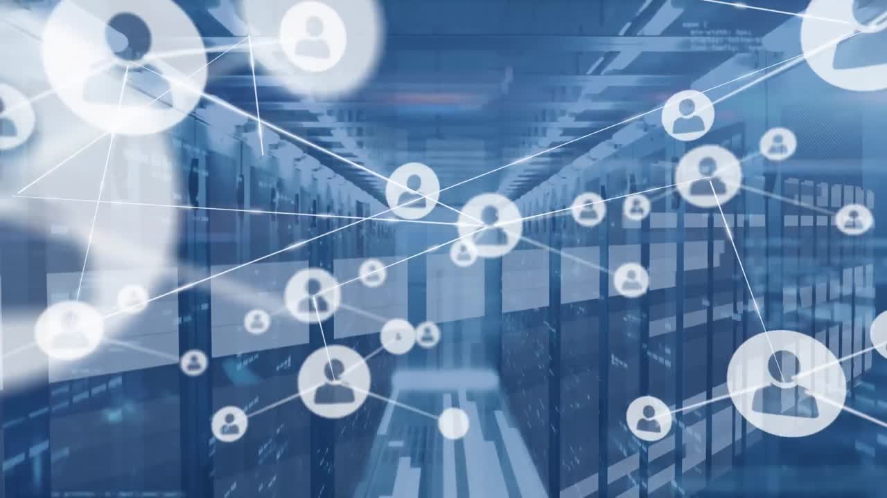 Animation of network of profile icons and data processing against computer server room