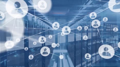 animation of network of profile icons and data processing against computer server room