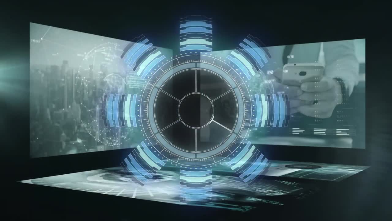 animación de escáner redondo sobre pantallas con procesamiento de datos y punto de luz contra fondo negro.