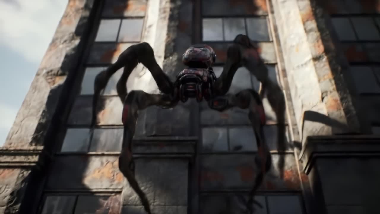 A mysterious creature with multiple legs explores a desolate urban environment. The backdrop features dilapidated buildings and an overcast sky, emphasizing the eerie atmosphere.