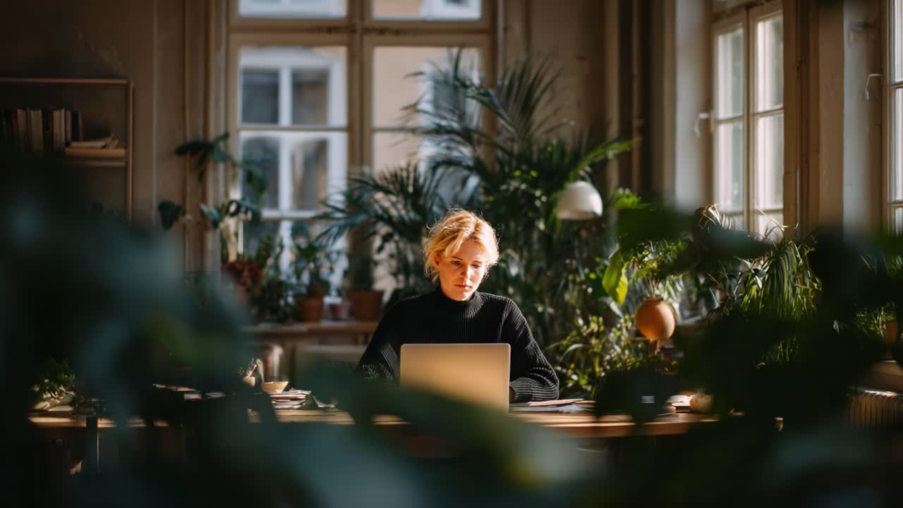 Eine fokussierte Person, die sich inmitten üppiger Zimmerpflanzen in einem hellen, sonnendurchfluteten Arbeitsbereich mit Technologie beschäftigt und Inspiration und Kreativität hervorruft