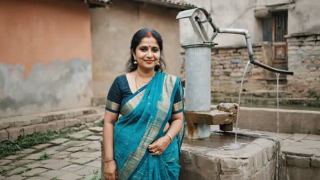 confident indian woman wearing a blue sari getting drinking water from a hand water pump in a rural village, representing access to clean water and empowerment