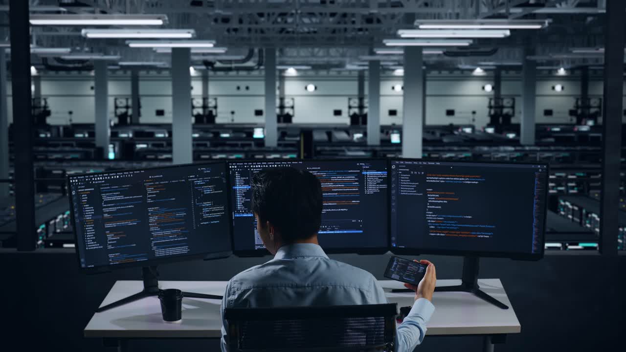 Back View Of Asian Man Developer Working With Mobile Phone While Write Code With Multiple Computer Screens In Data Center