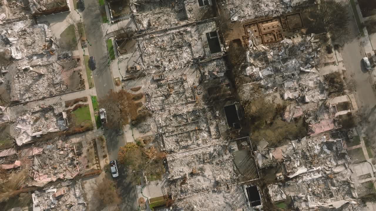 4K aerial of Pacific Palisades after the fire in January 2025, Los Angeles, California, USA.