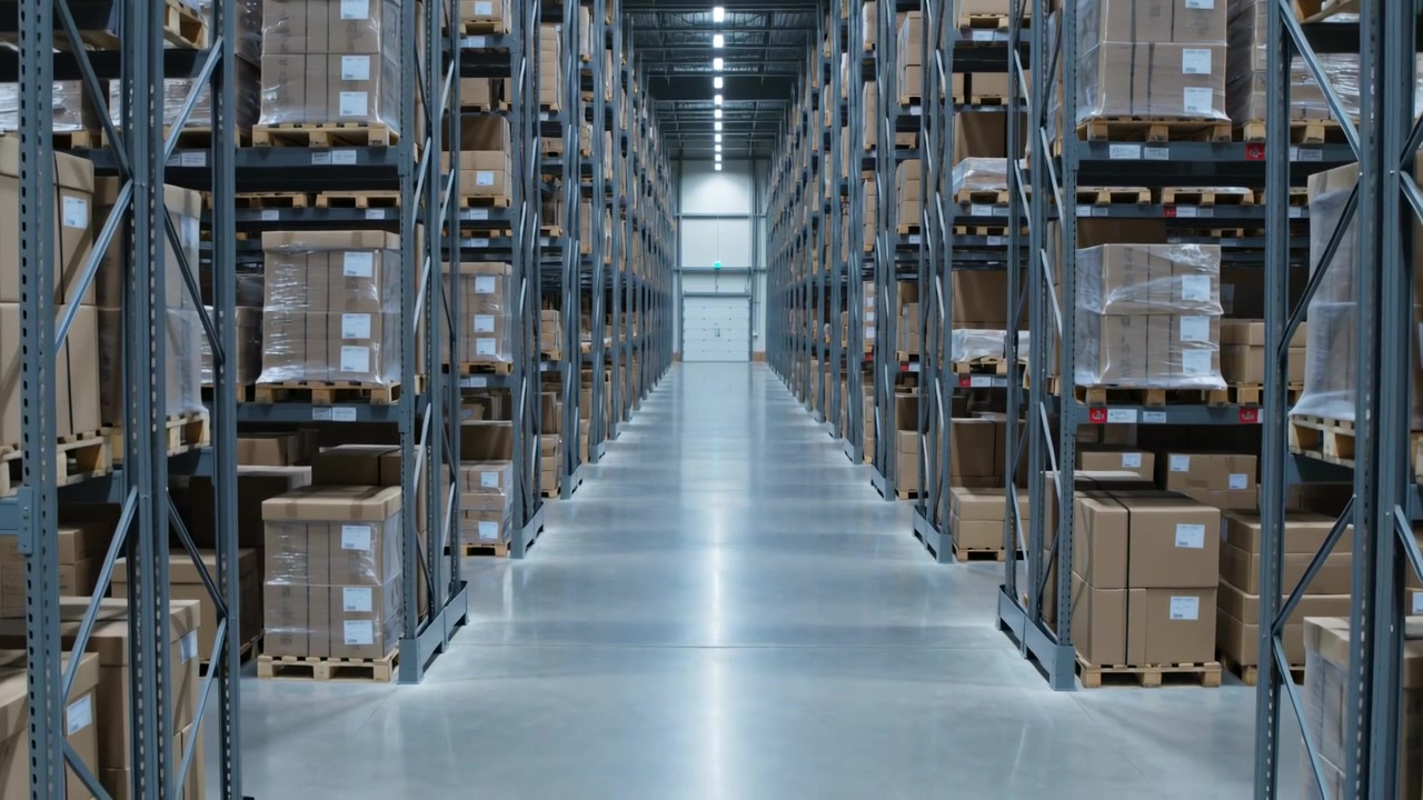 Inizio ripresa, telecamera centrata che scorre lungo un corridoio di un magazzino a scaffalature alte, mostrando scaffalature per pallet, scatole e una porta avvolgibile.