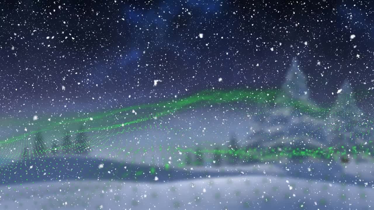 겨울 풍경과 북극광 위에 내리는 눈의 애니메이션