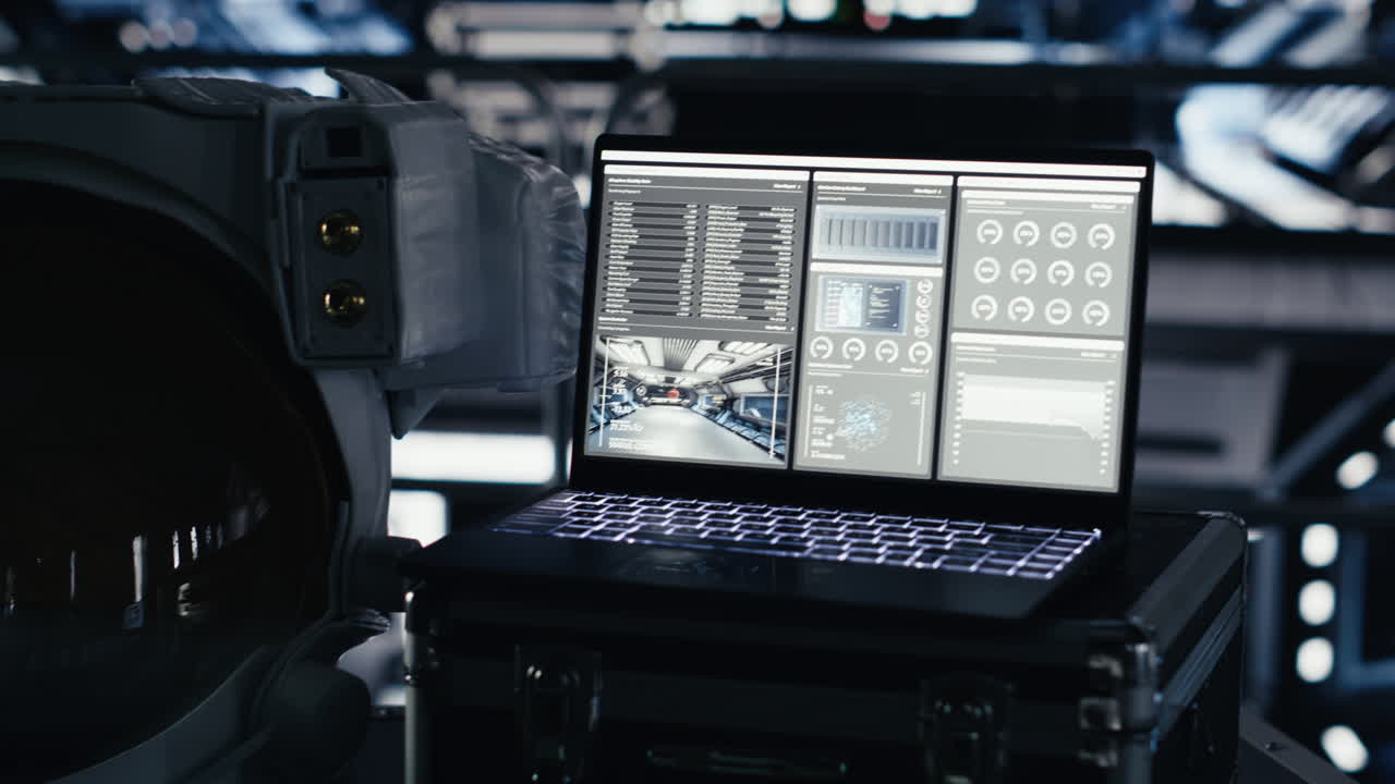 Laptop inside high tech spaceship cockpit displaying mission telemetry software