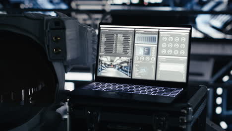 laptop inside high tech spaceship cockpit displaying mission telemetry software