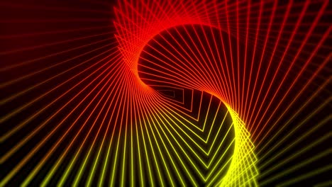 Swirling wave warp shape neon glowing lines geometric pattern design 3D animation on dark gradient background dynamic abstract portal illusion red yellow