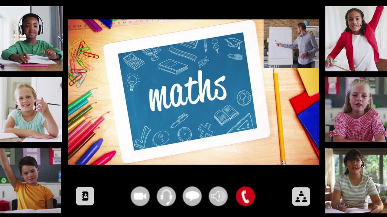 Animation of interface screen with text, maths, teacher and six diverse children in online lesson