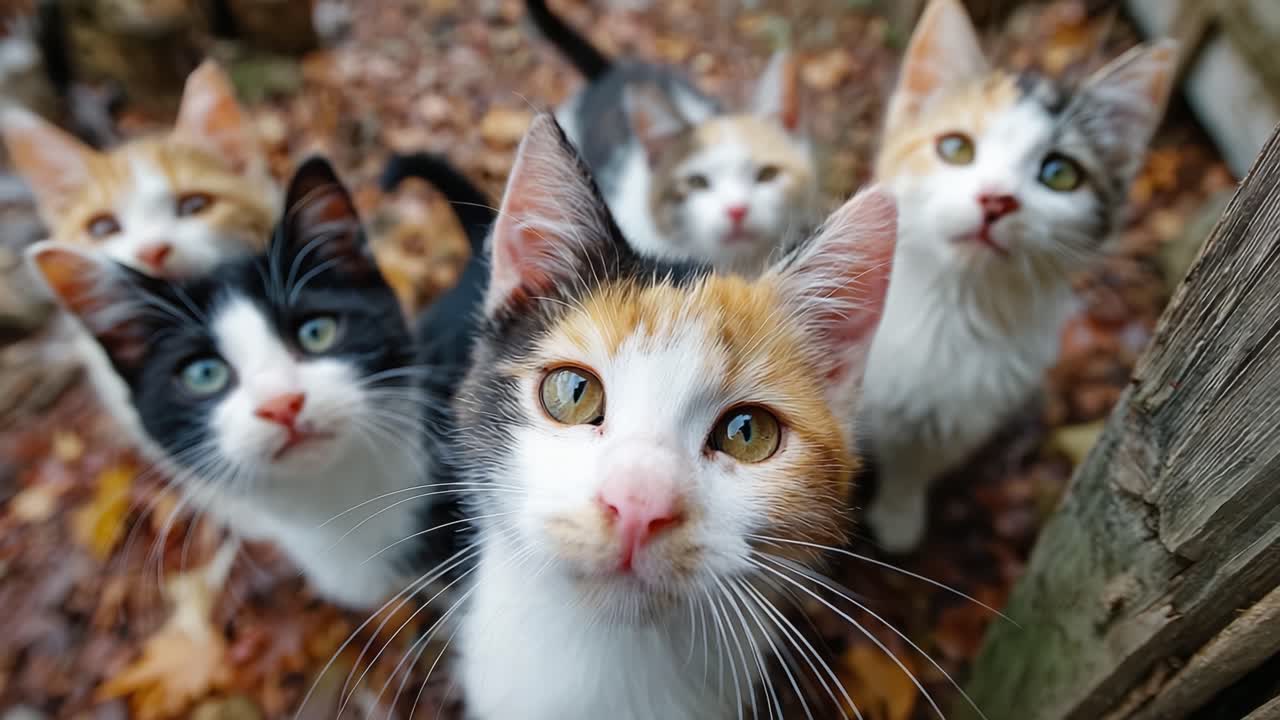 Gatos Curiosos se Reúnem: Um Grupo Encantador de Gatinhos Brincalhões com Pelagem Colorida Explorando Seu Ambiente nas Folhas de Outono