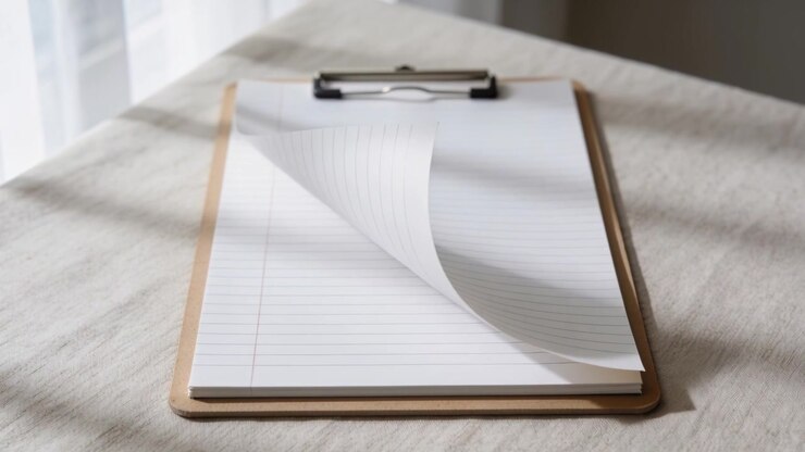 Fluttering sheet on notepad on clipboard turning from window breeze at fabric table