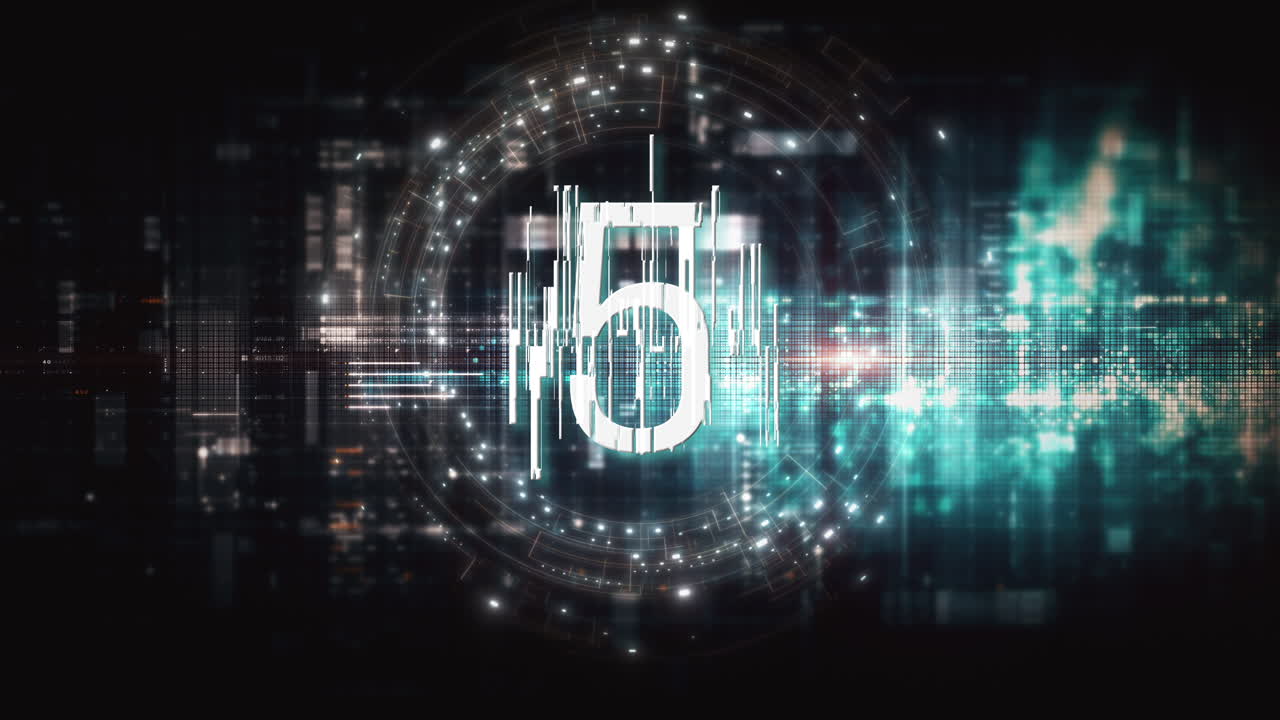 Futuristic countdown timer animation from 10 to 0 seconds for video and film projects, featuring sleek digital effects, dynamic transitions, and high-tech visual elements