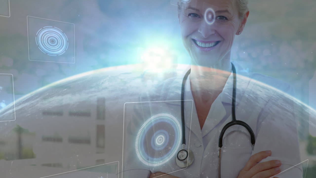 female doctor standing with arms crossed in medical tech scene, showcasing floating HUD graphics