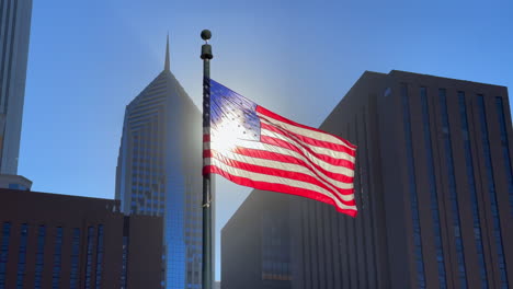 Flagge-Der-Vereinigten-Staaten,-Die-Hoch-Nach-Rechts-Vor-Der-Skyline-Von-Chicago-Weht-60fps-4k