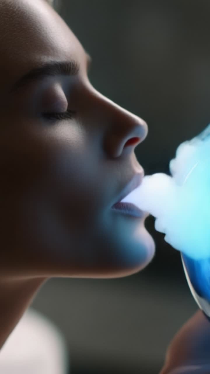 Un momento sereno di connessione mentre una donna espira dolcemente verso un oggetto blu luminoso, avvolta in volute di vapore che esaltano l'atmosfera eterea.